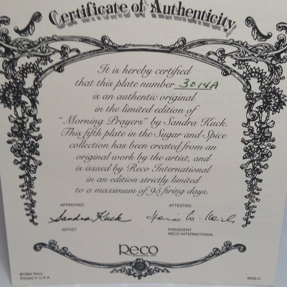 Sandra Kuck Collectors Plate - "Morning Prayers" - Sugar and Spice - Picture 3 of 3